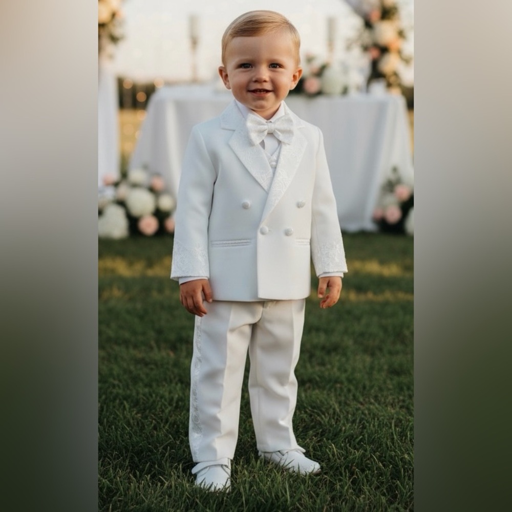 NEW Melilot Canada Formal Suit Set Tuxedo Bow Tie Vest Occasion White 2T